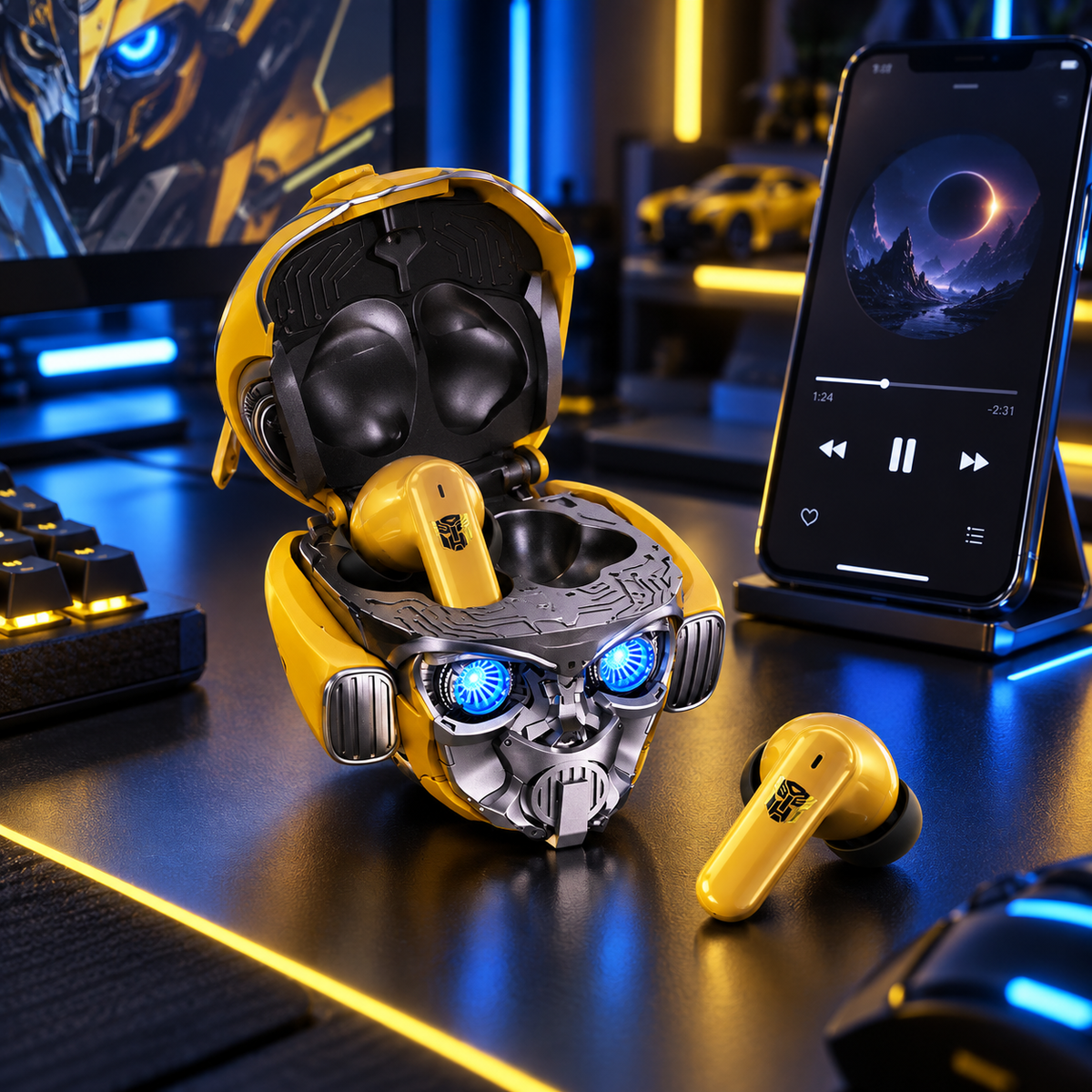 Bumblebee-Inspired True Wireless Earbuds with Display Charging Stand