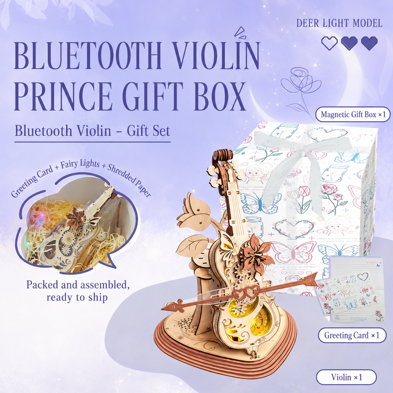 Vintage Bluetooth Violin Music Box with LED Lights and Moving Gears