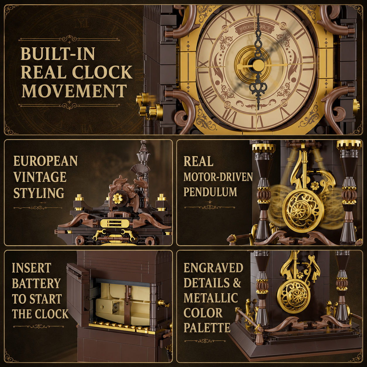 Vintage Mechanical Pendulum Clock Building Block Set – Functional Battery-Powered Clock Model