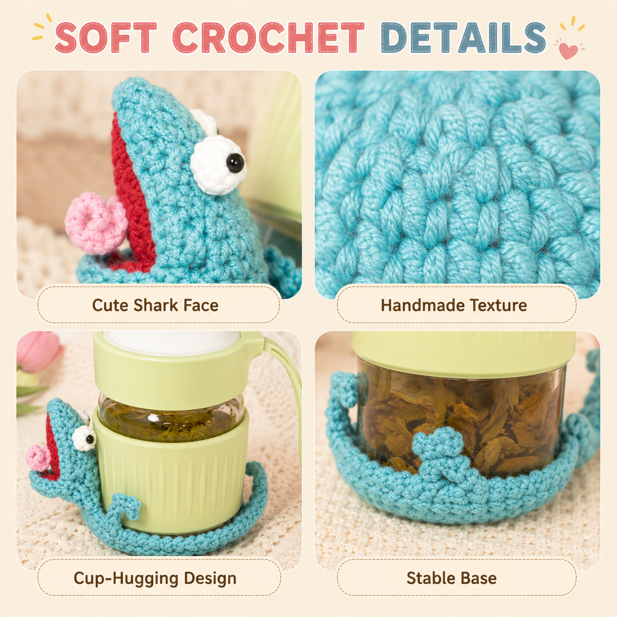 Handmade Crochet Animal Cup Mat Gift Set – Cute Shark & Mouse Coasters