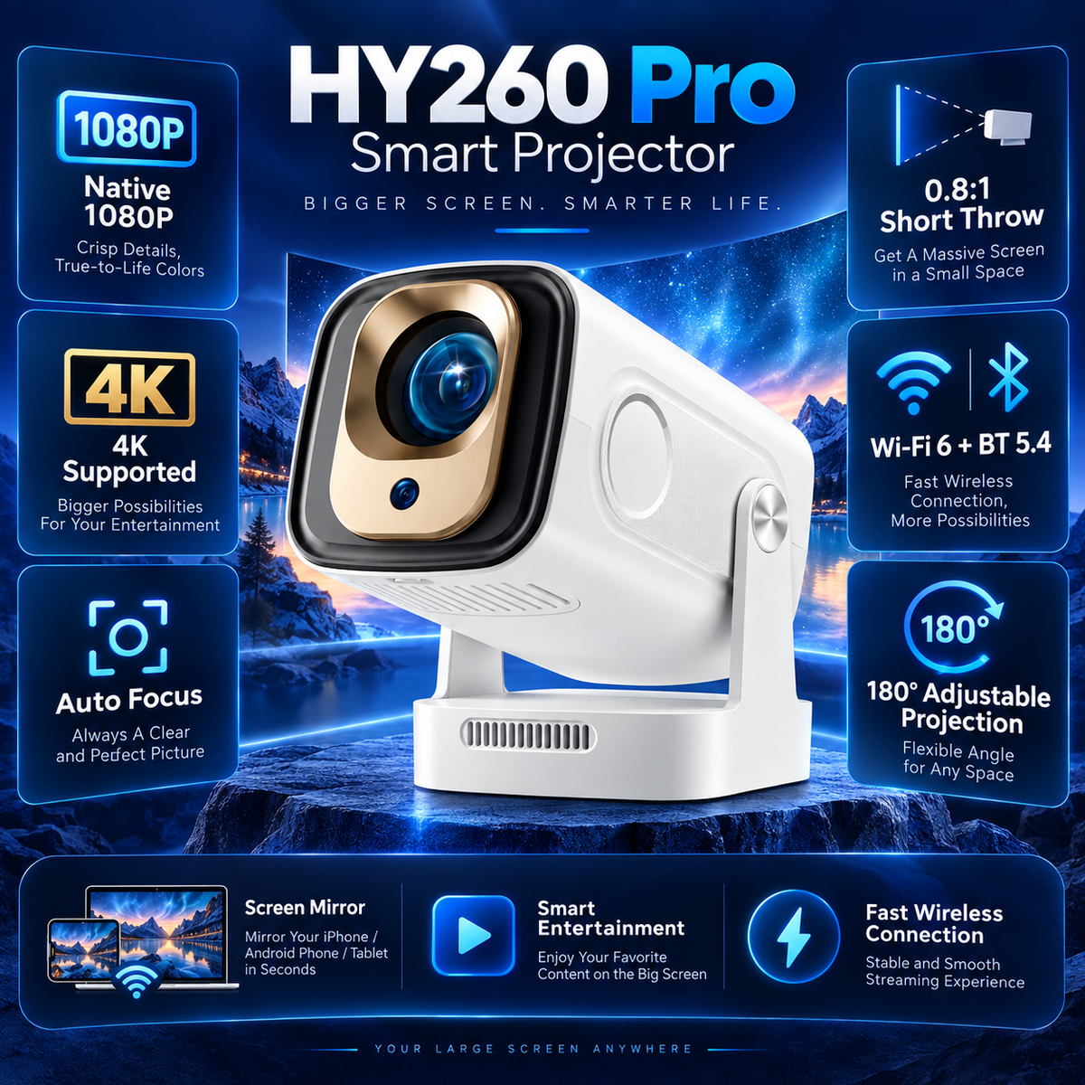 HY260 Pro Projecteur intelligent – Natif 1080P, prise en charge 4K, mise au point automatique et Wi-Fi 6