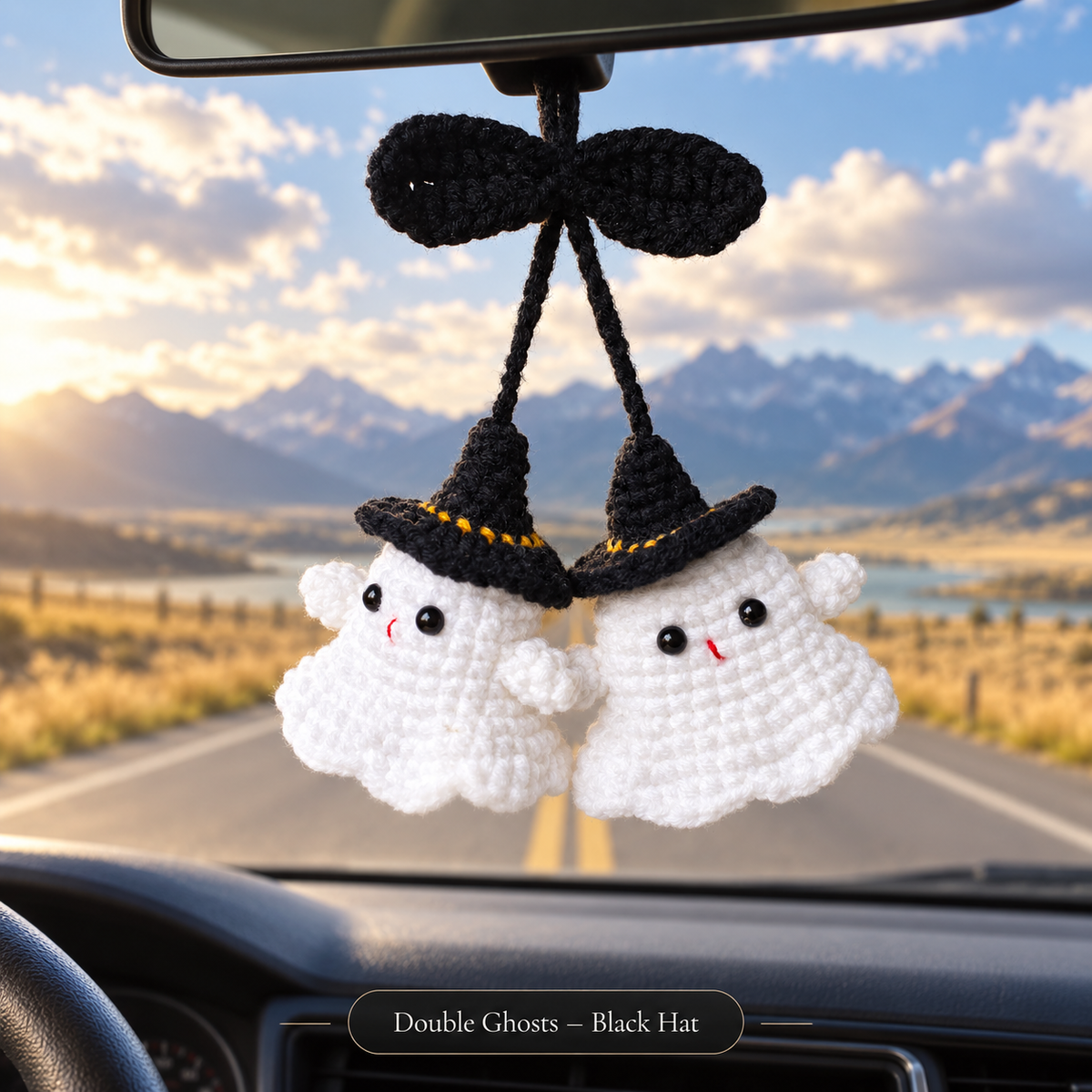 Crochet Halloween Car Mirror Charm – Cute Ghost & Pumpkin Hanging Ornament