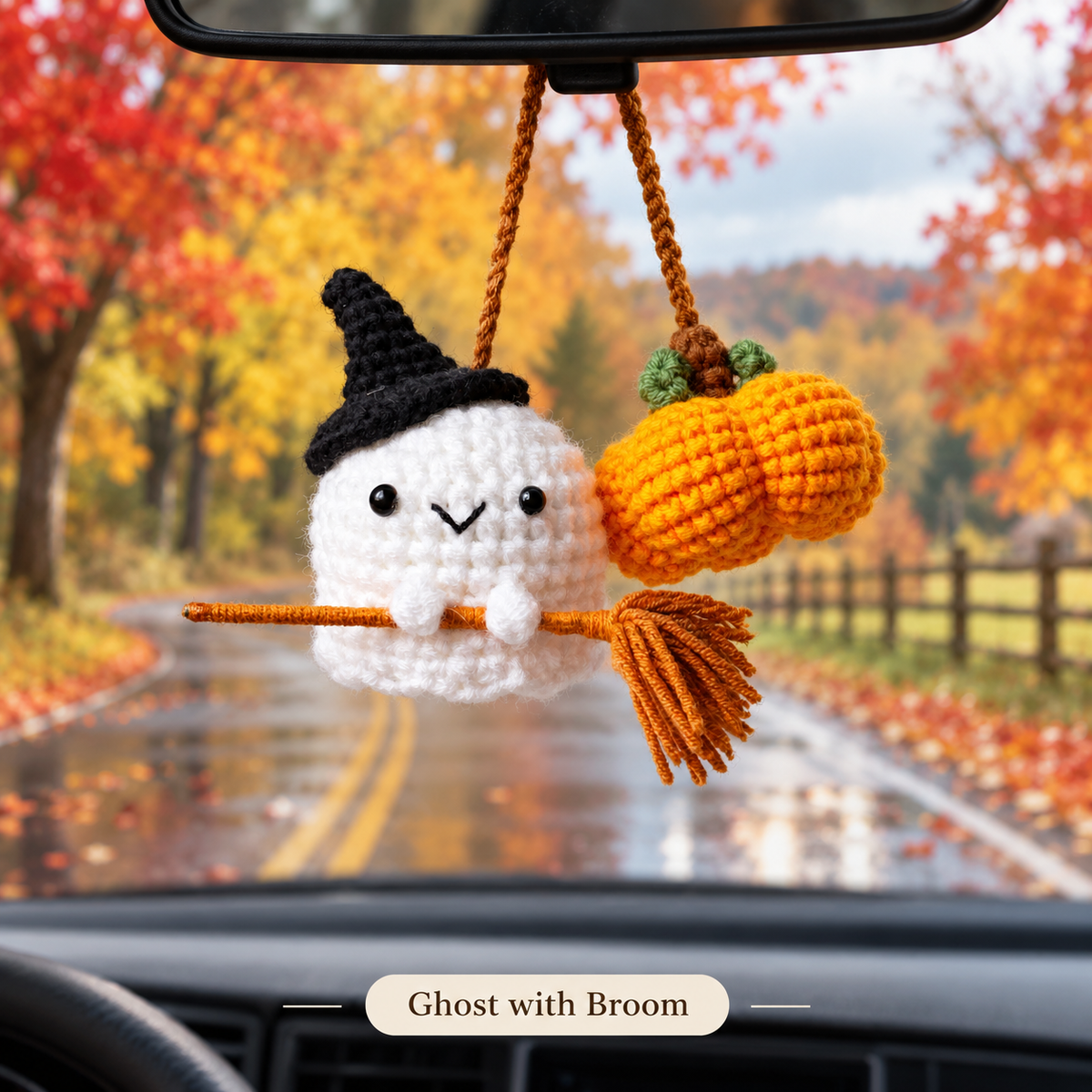 Crochet Halloween Car Mirror Charm – Cute Ghost & Pumpkin Hanging Ornament