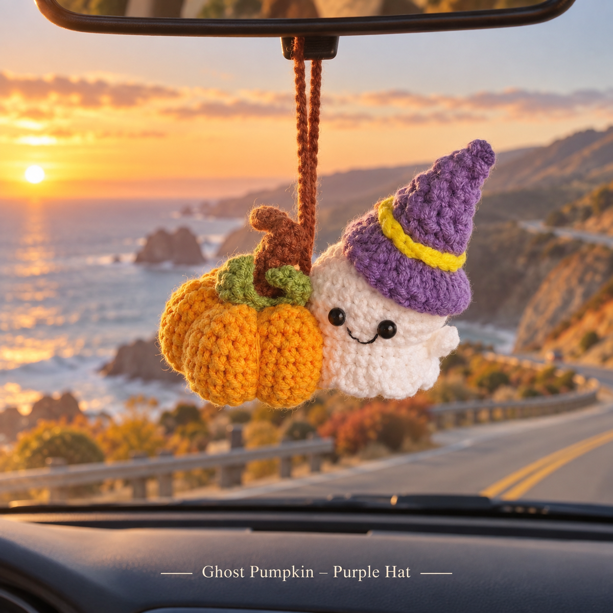 Crochet Halloween Car Mirror Charm – Cute Ghost & Pumpkin Hanging Ornament