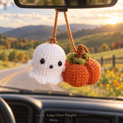 Crochet Halloween Car Mirror Charm – Cute Ghost & Pumpkin Hanging Ornament