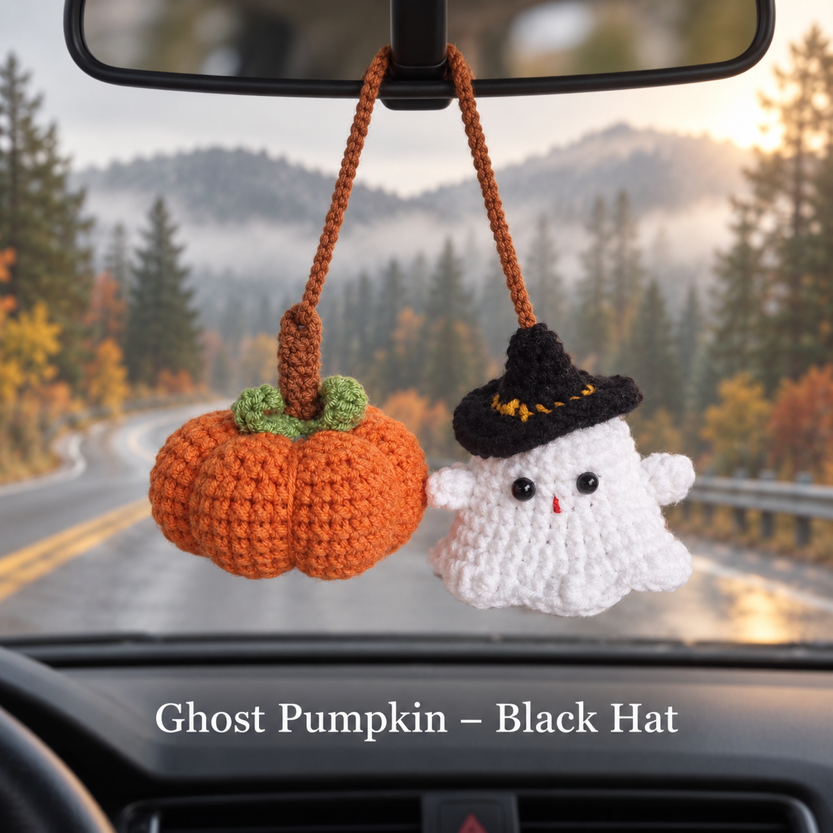 Crochet Halloween Car Mirror Charm – Cute Ghost & Pumpkin Hanging Ornament