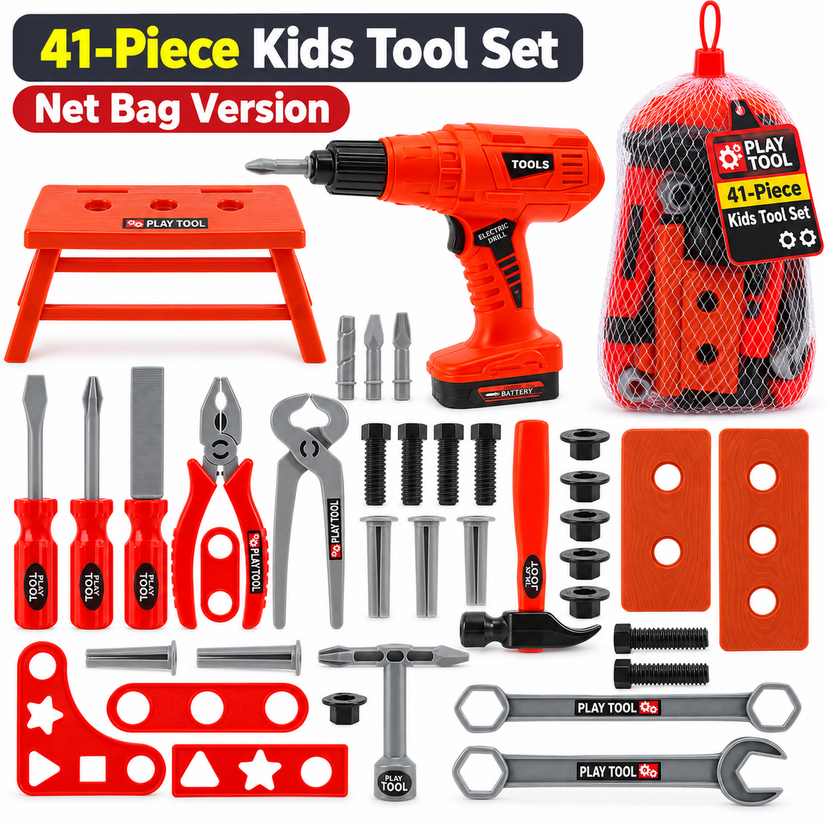 Kids Pretend Tool Set with Electric Drill – Little Builder Role Play Kit