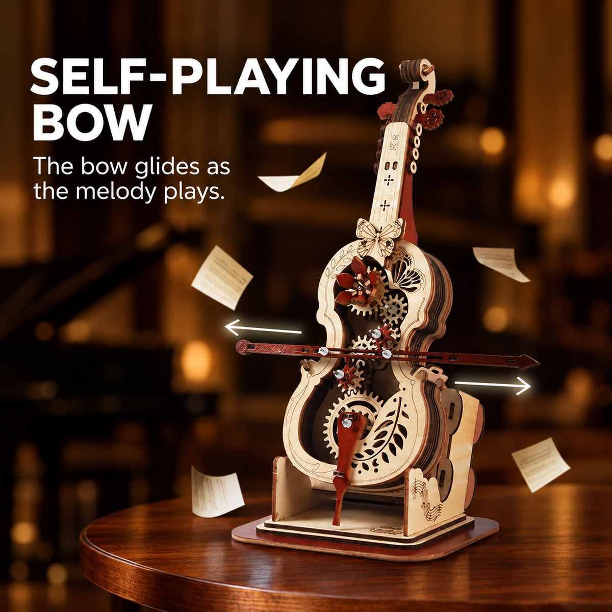 DIY Wooden Mechanical Cello Music Box – Moving Bow & Gear Model Kit