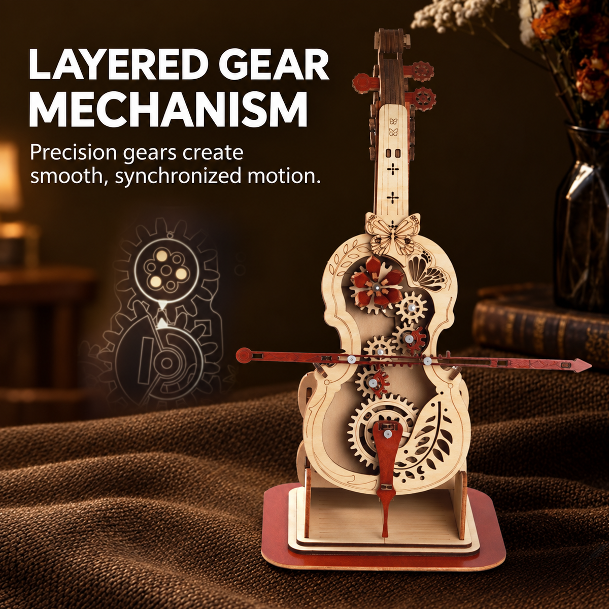 DIY Wooden Mechanical Cello Music Box – Moving Bow & Gear Model Kit