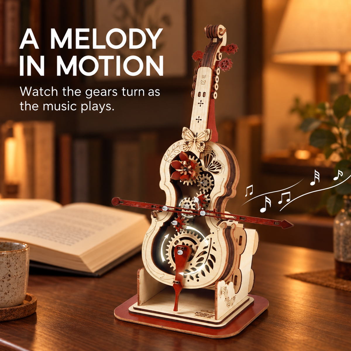 DIY Wooden Mechanical Cello Music Box – Moving Bow & Gear Model Kit