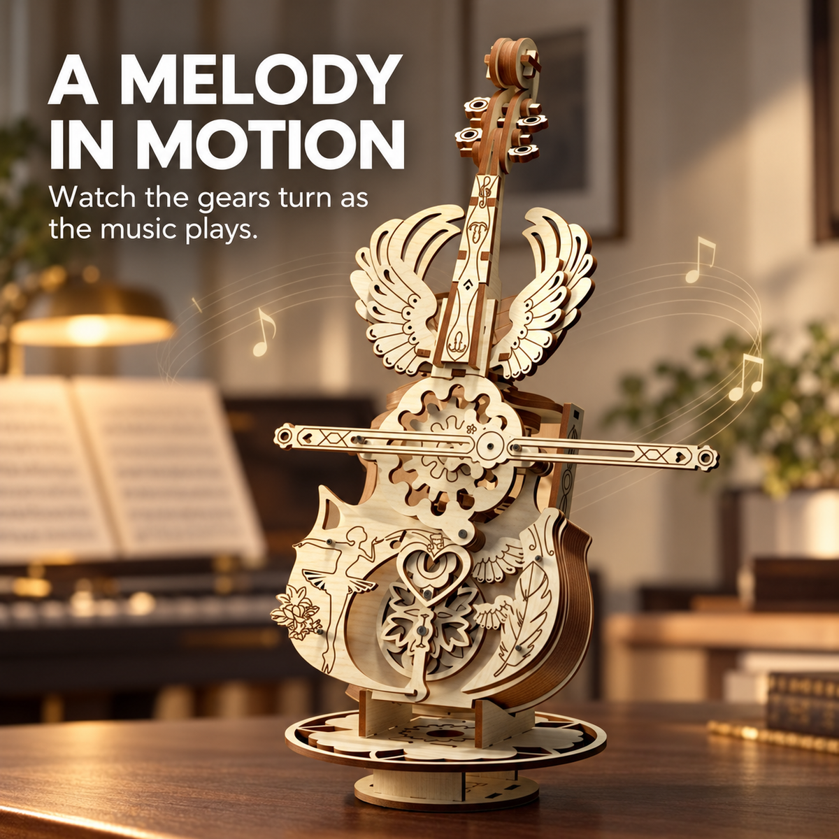 DIY Wooden Cello Music Box Model Kit – Mechanical Building Toy & Romantic Birthday Gift
