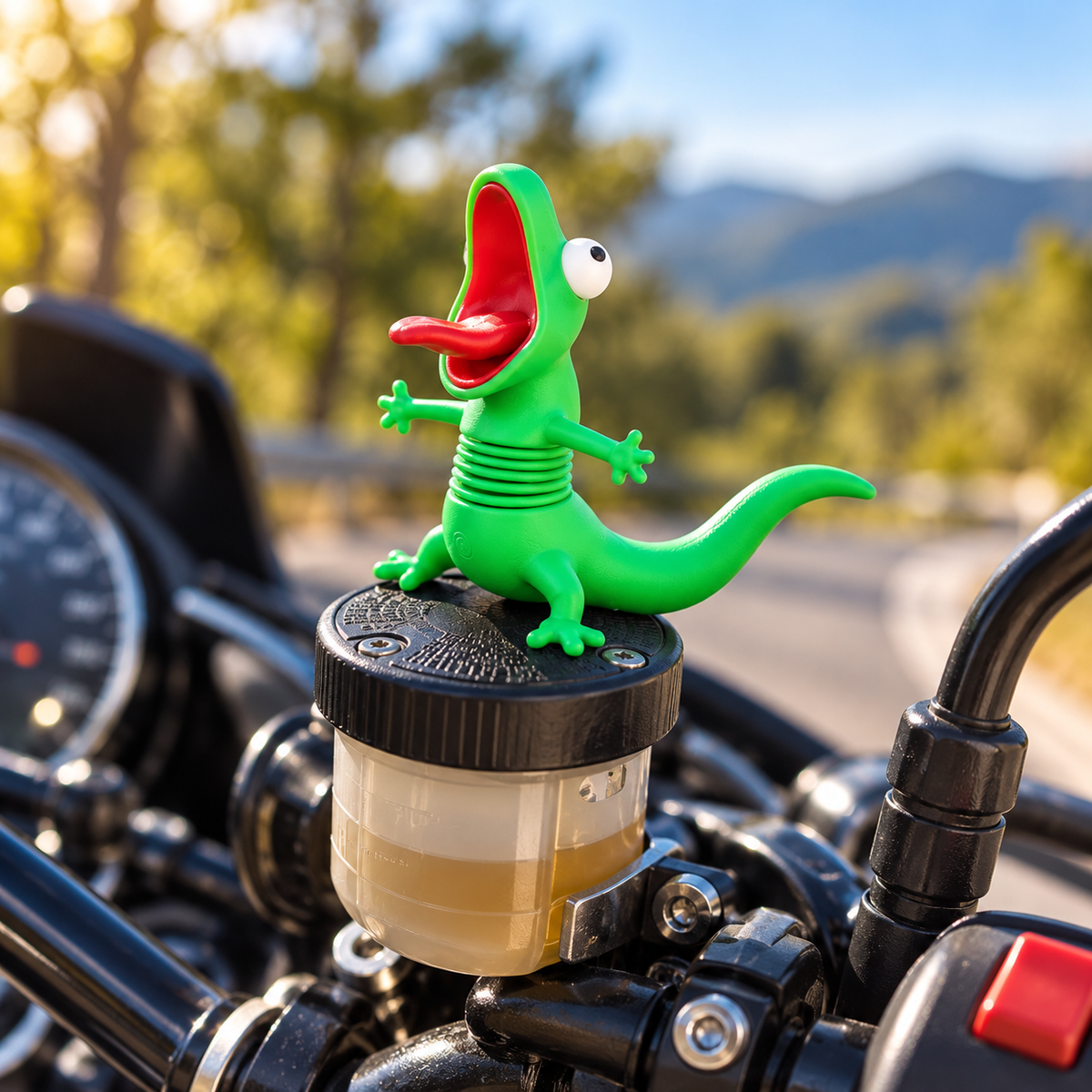 Funny green wobble lizard motorcycle ornament with spring body, googly eyes and red mouth displayed on a motorcycle handlebar.