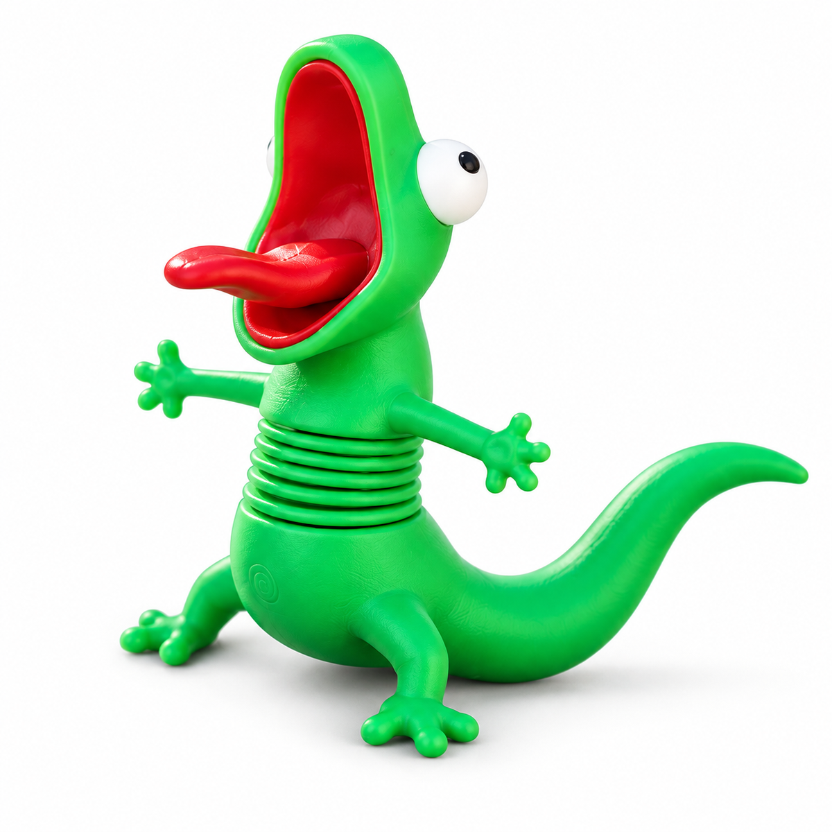 Green wobble lizard figurine with flexible spring-style body, red tongue, bulging white eyes and curved tail on a white background.