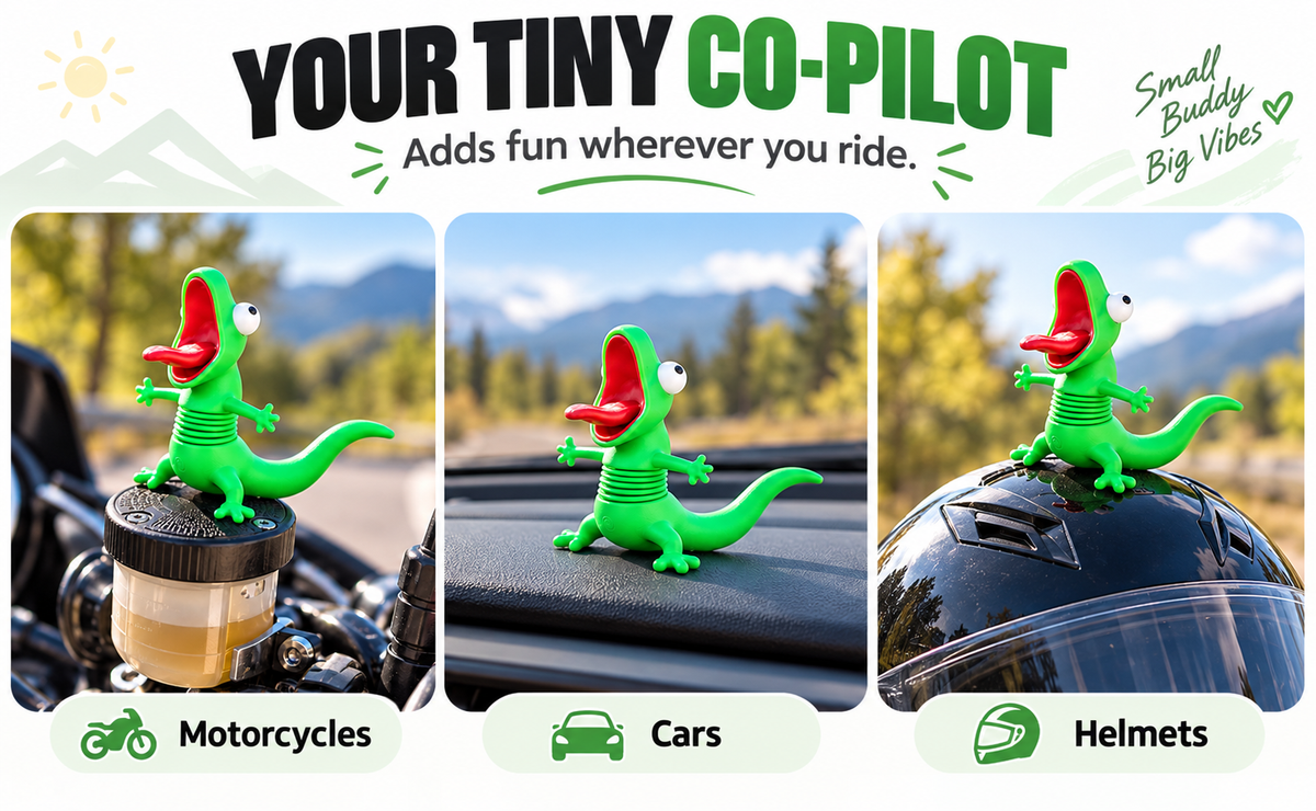 Funny green lizard ornament shown as a decorative accessory on a motorcycle, car dashboard and motorcycle helmet.