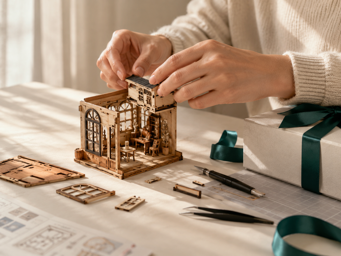 Hands assembling a wooden miniature house