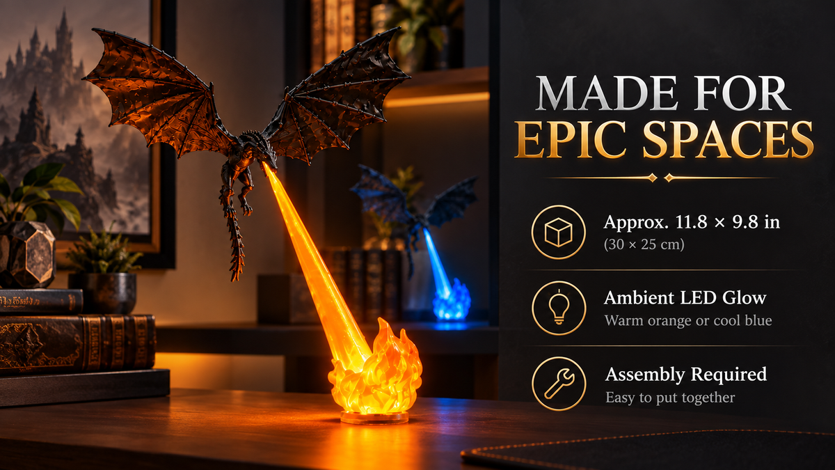 Dragon Breath LED Night Light with orange flame effect, floating dragon design and 11.8 x 9.8 inch dimensions for fantasy room decor