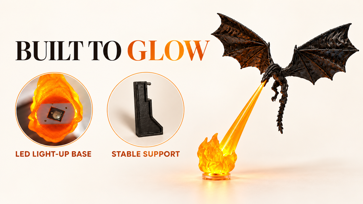 Dragon Breath LED Display Lamp with glowing orange fire effect, LED light-up base and stable support stand