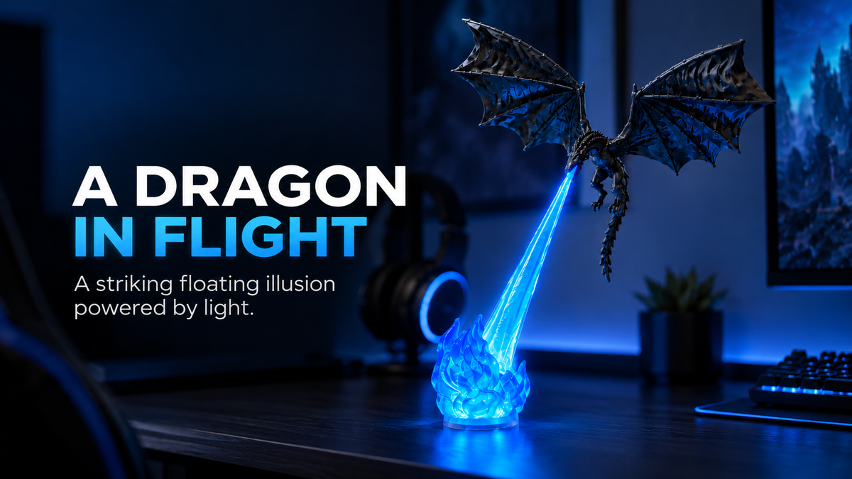 Black Dragon Breath LED Lamp with glowing blue flame and floating dragon illusion displayed on a dark gaming desk