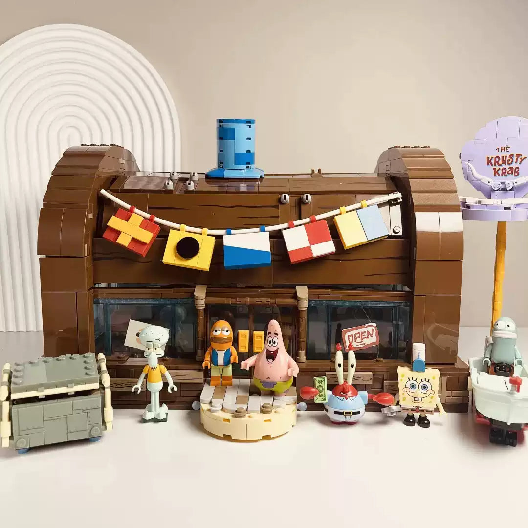 SpongeBob Krusty Krab Building Set with Lights, Pull-Out Structure and 6 Character Figures