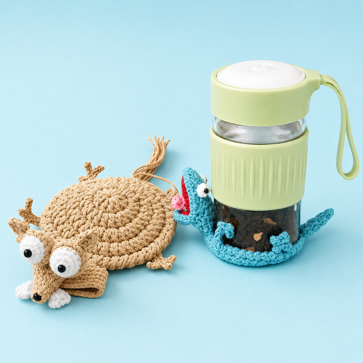 Handmade Crochet Animal Cup Mat Gift Set – Cute Shark & Mouse Coasters