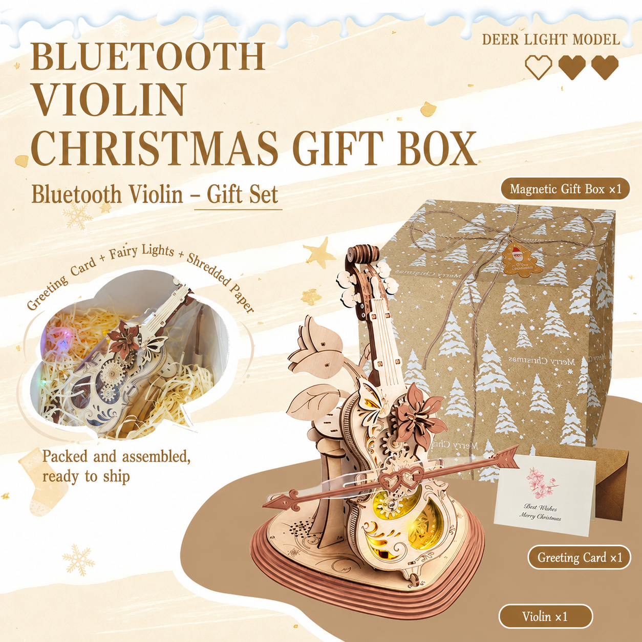 Vintage Bluetooth Violin Music Box with LED Lights and Moving Gears