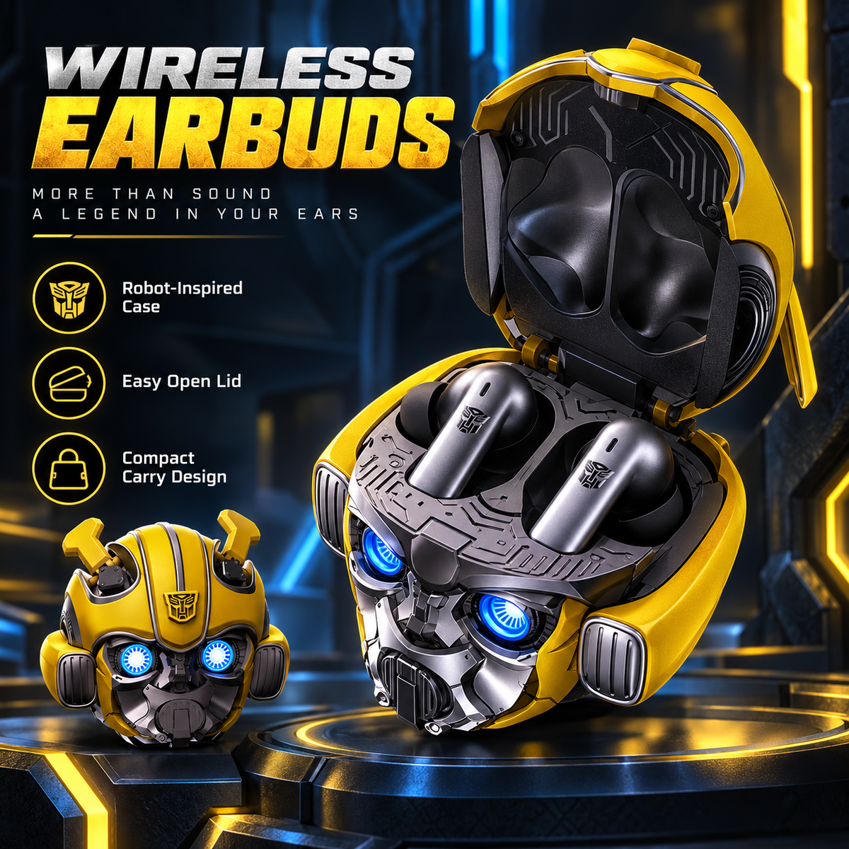 Bumblebee-Inspired True Wireless Earbuds with Display Charging Stand