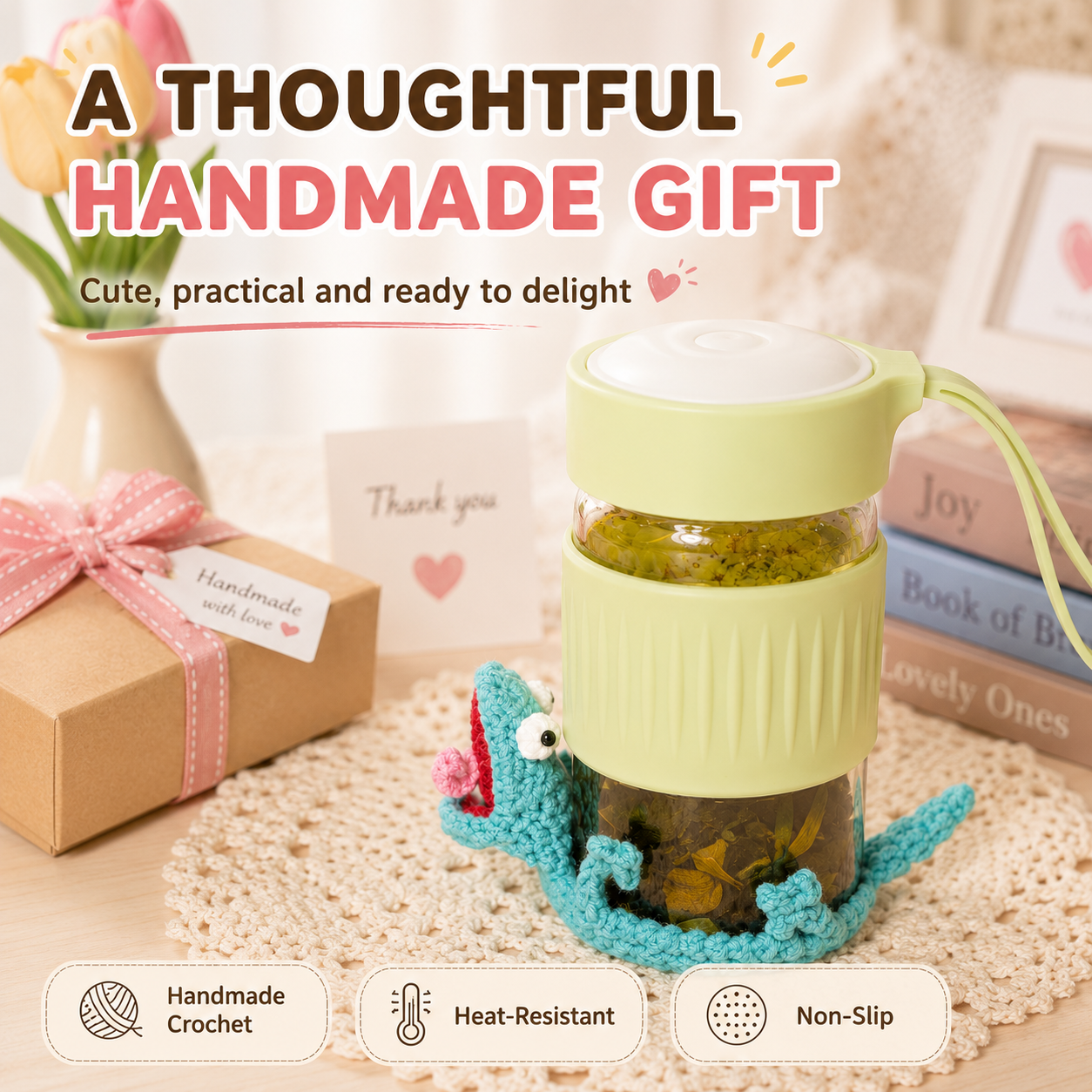 Handmade Crochet Animal Cup Mat Gift Set – Cute Shark & Mouse Coasters