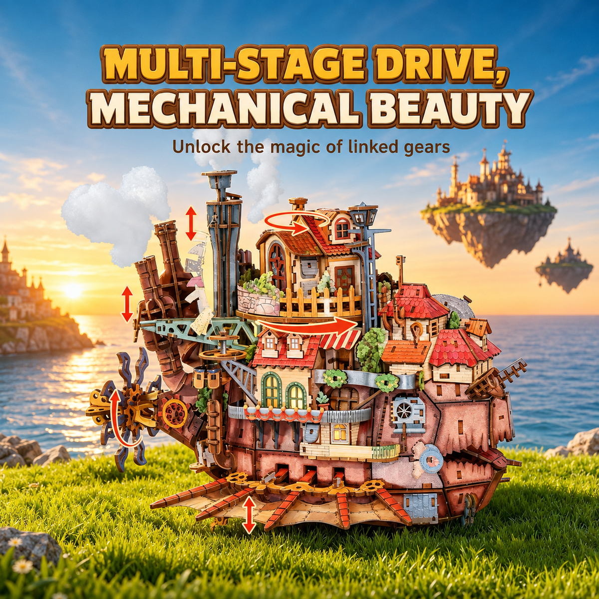 Kit de Puzzle en Bois 3D Château Ambulant avec Lumières, Musique et Mouvement Mécanique