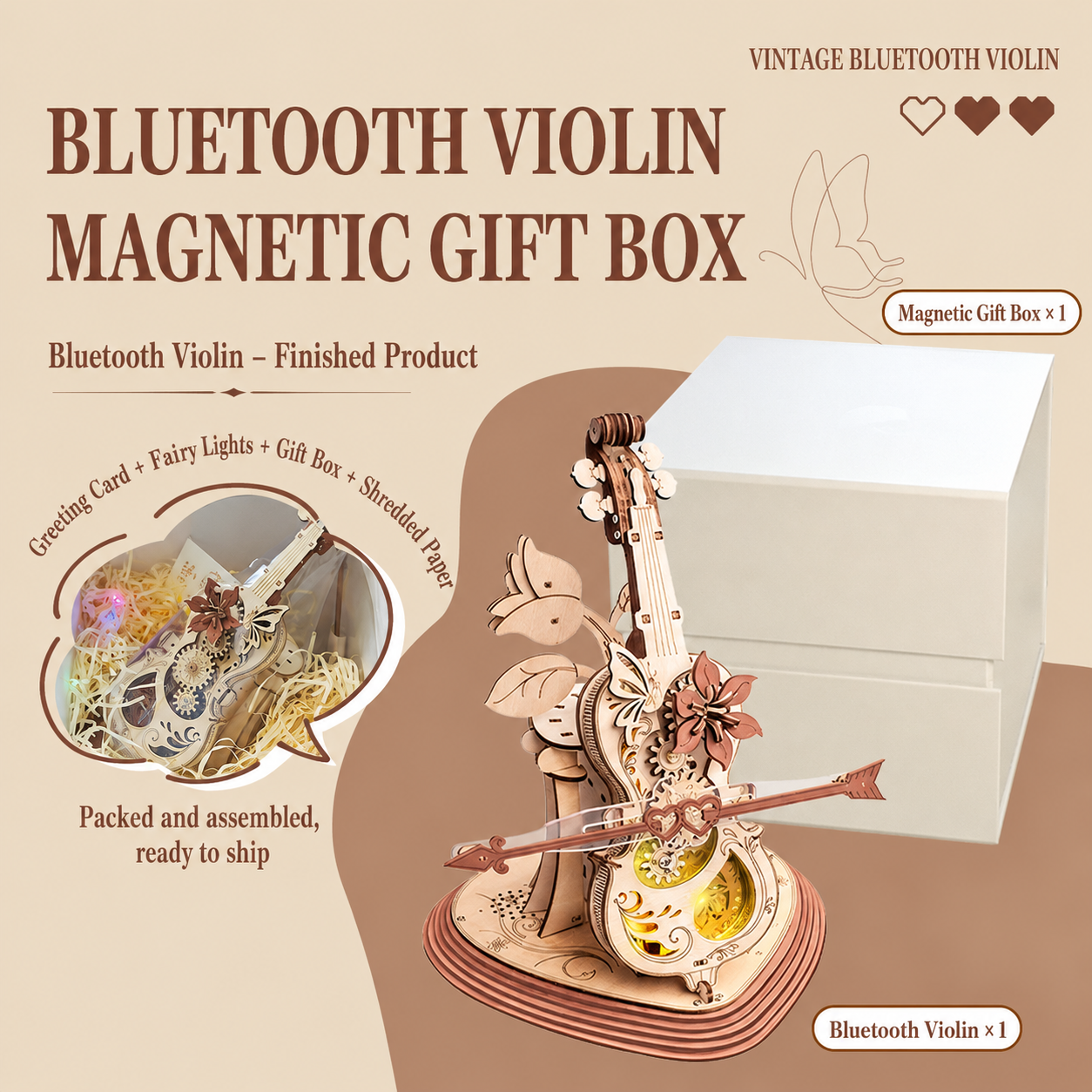 Vintage Bluetooth Violin Music Box with LED Lights and Moving Gears