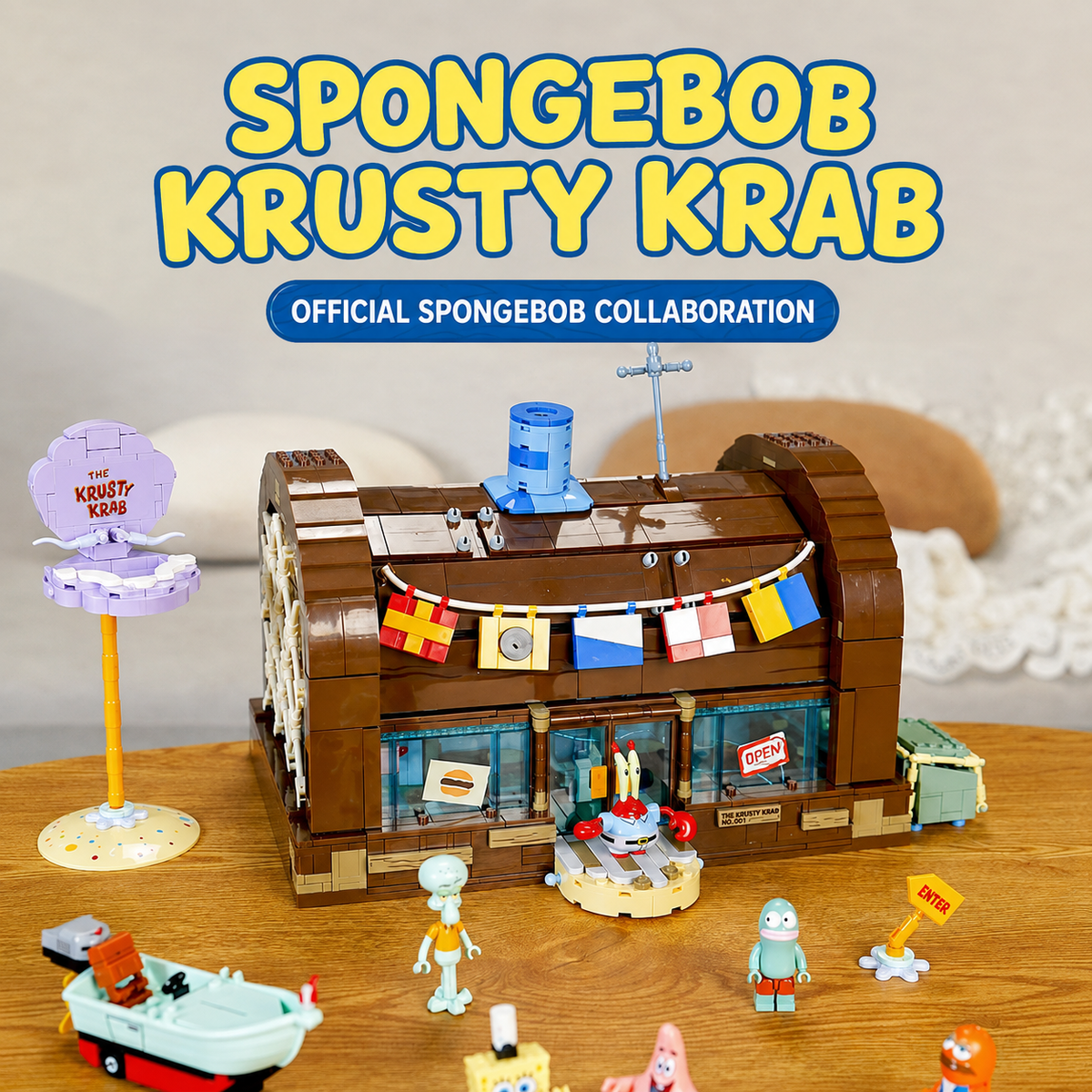SpongeBob Krusty Krab Building Set with Lights, Pull-Out Structure and 6 Character Figures