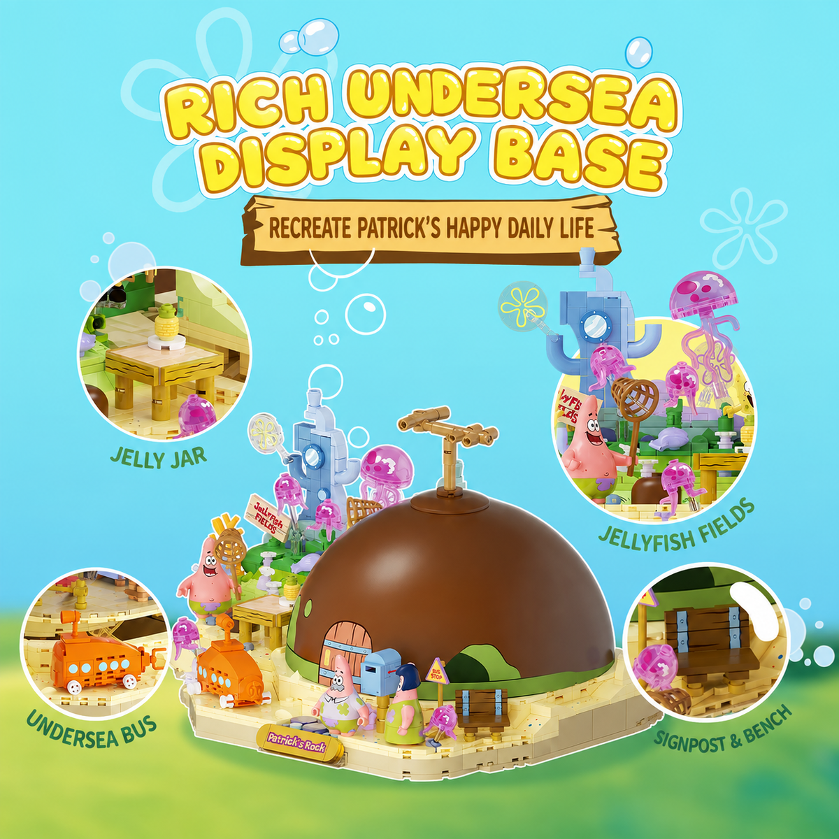 SpongeBob Patrick’s Rock House Building Set with Undersea Display Base and Character Figures