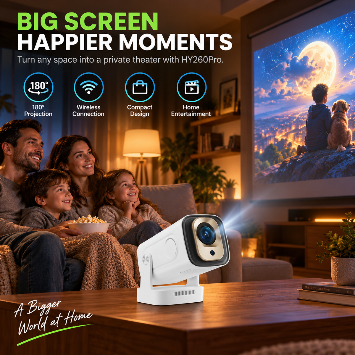 HY260 Pro Projecteur intelligent – Natif 1080P, prise en charge 4K, mise au point automatique et Wi-Fi 6