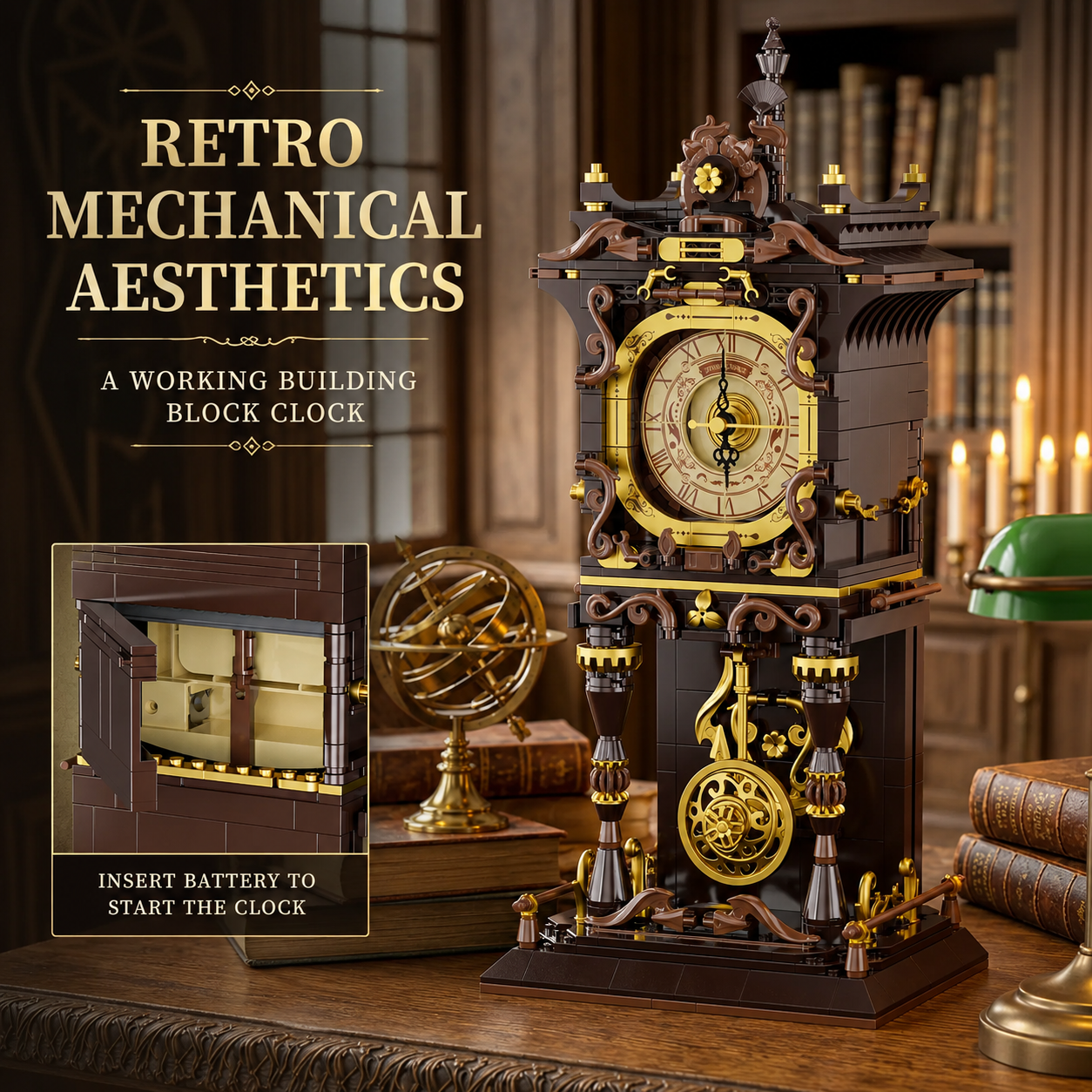 Vintage Mechanical Pendulum Clock Building Block Set – Functional Battery-Powered Clock Model