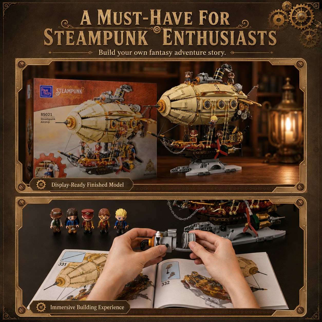 Steampunk Airship Building Block Set – Mechanical Fantasy Aircraft Model with 5 Adventure Characters