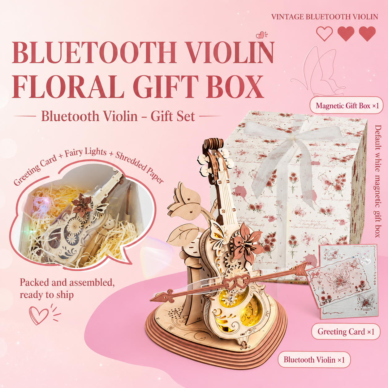 Vintage Bluetooth Violin Music Box with LED Lights and Moving Gears
