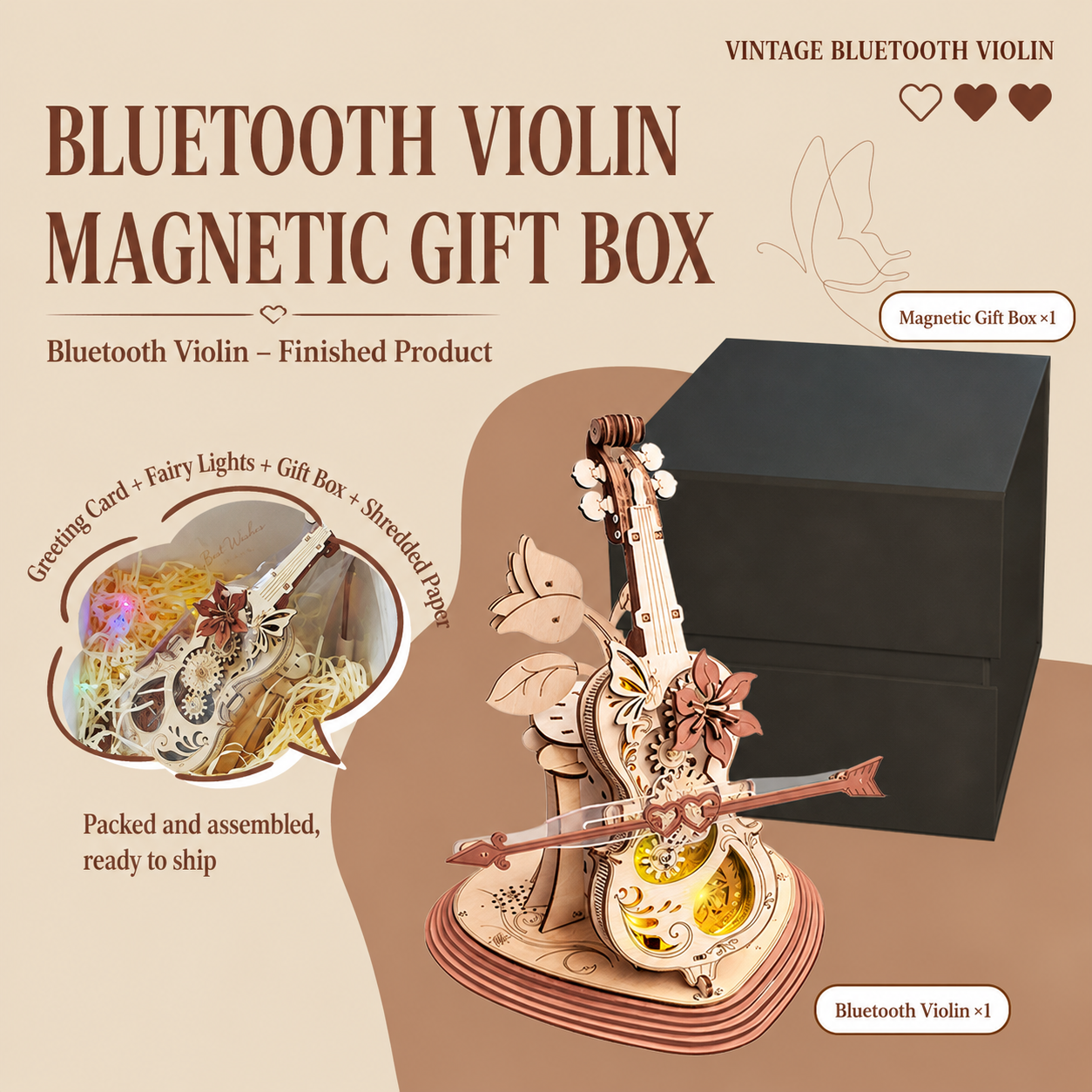 Vintage Bluetooth Violin Music Box with LED Lights and Moving Gears