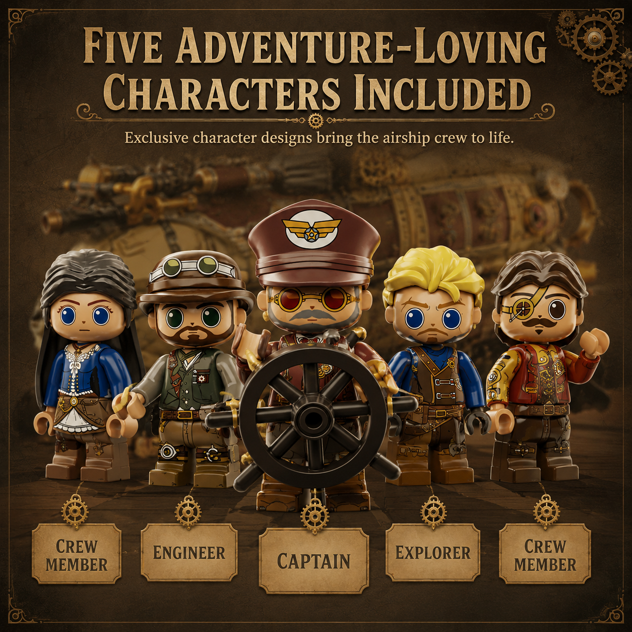 Steampunk Airship Building Block Set – Mechanical Fantasy Aircraft Model with 5 Adventure Characters