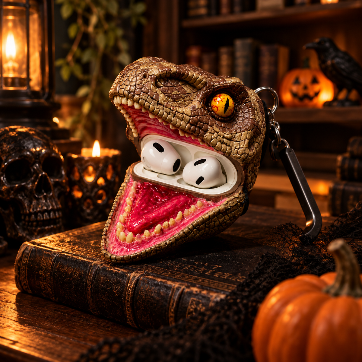 3D Dinosaur Head AirPods Case – Halloween Raptor Earbud Case with Keychain