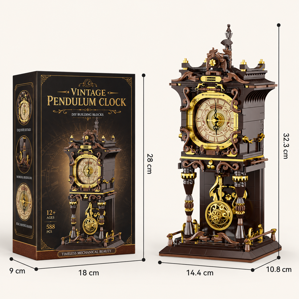 Vintage Mechanical Pendulum Clock Building Block Set – Functional Battery-Powered Clock Model