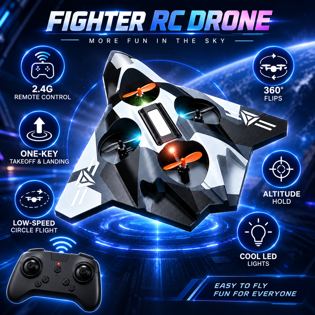 Fighter Jet RC Drone – 2.4G Remote Control Aircraft with Altitude Hold & 360° Flips
