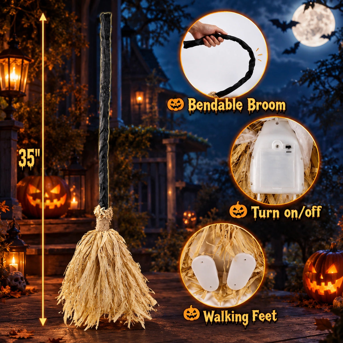 Balai de sorcière dansant animé pour Halloween avec lumières et sons effrayants