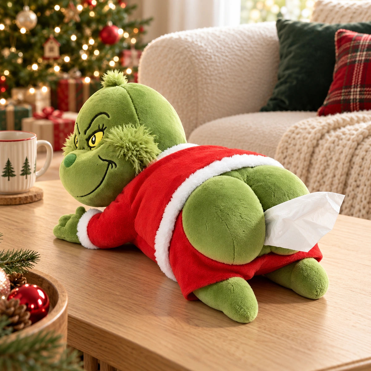 Grinch plush tissue holder on an oak coffee table beside a cream sofa and a decorated Christmas tree.