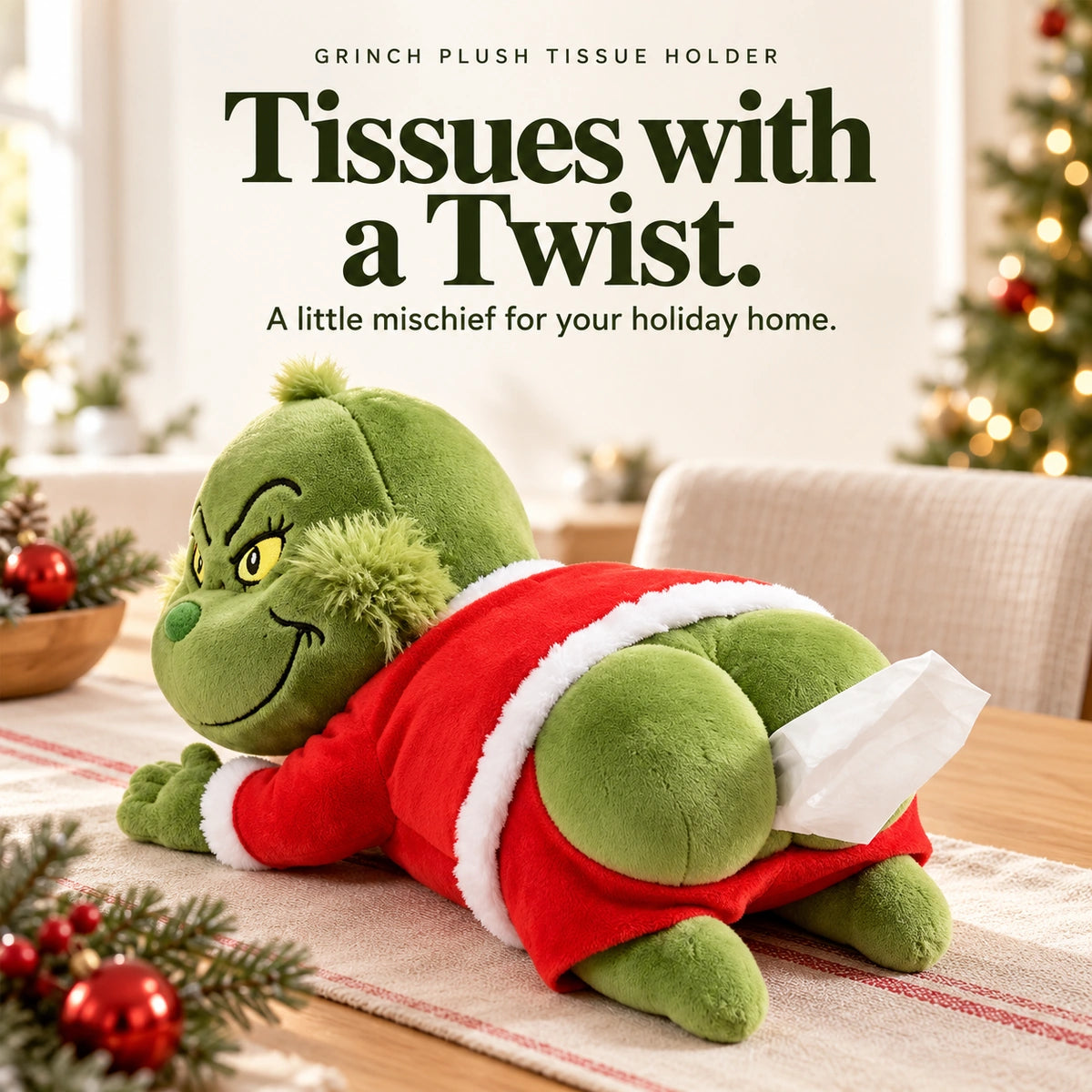 Grinch plush tissue holder on a festive dining table, with “Tissues with a Twist” text.