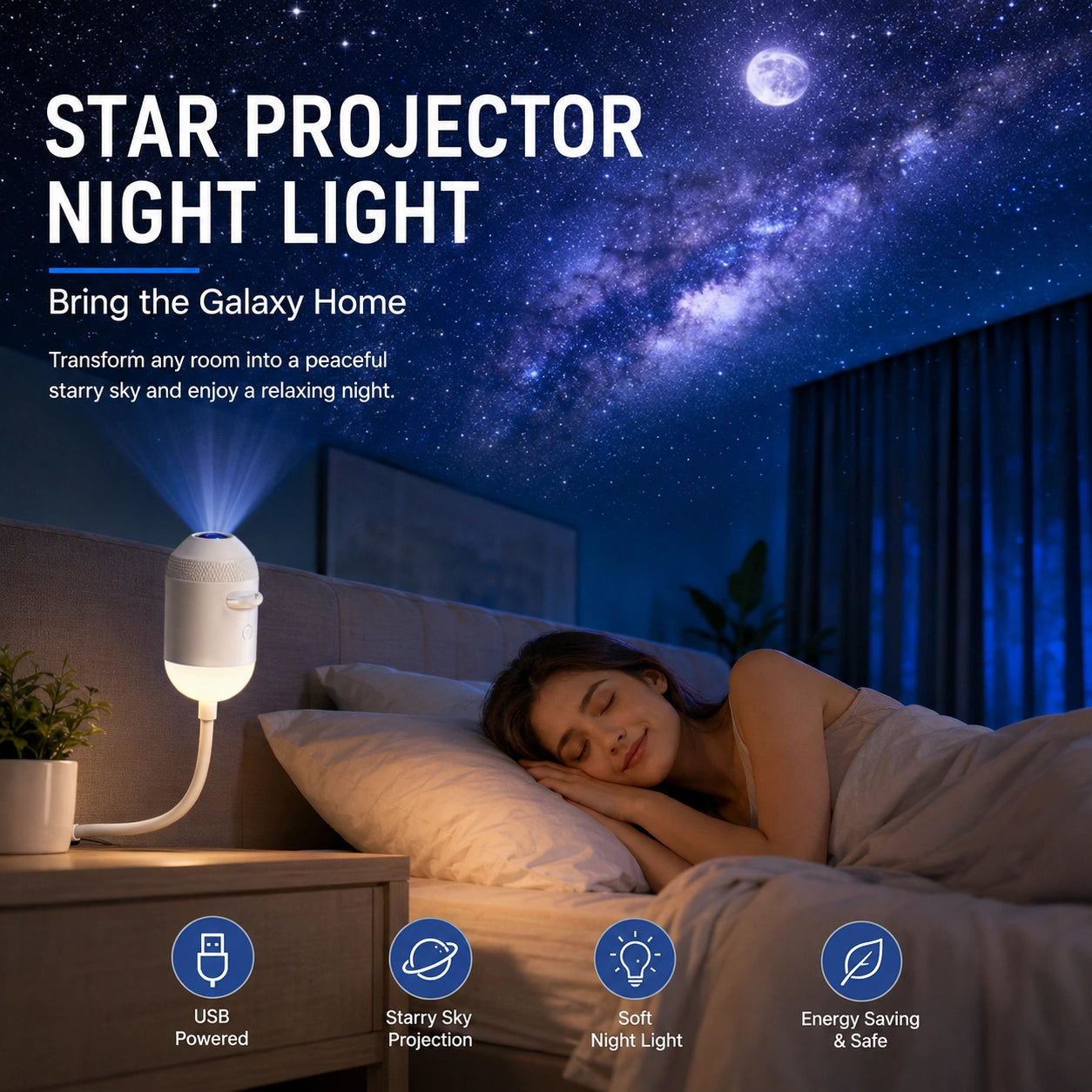 USB Star Projector Night Light – Flexible Galaxy Ceiling Lamp